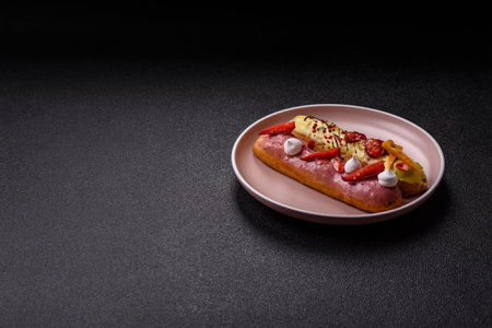 French food, dessert eclair with chocolate filling and covered with colored icing. Sweet eclair as a background for your designの写真素材