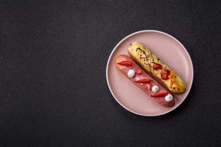 French food, dessert eclair with chocolate filling and covered with colored icing. Sweet eclair as a background for your designの写真素材