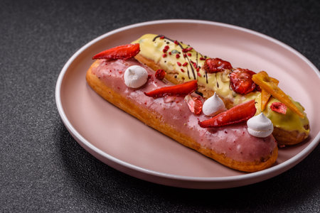 French food, dessert eclair with chocolate filling and covered with colored icing. Sweet eclair as a...