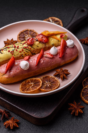 French food, dessert eclair with chocolate filling and covered with colored icing. Sweet eclair as a...