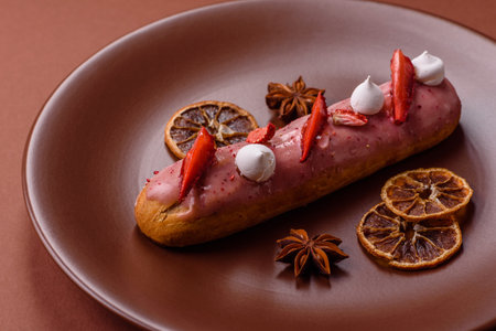 French food, dessert eclair with chocolate filling and covered with colored icing. Sweet eclair as a background for your designの写真素材