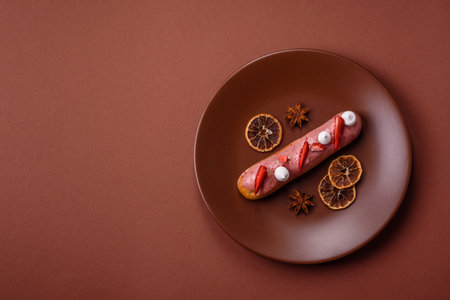 French food, dessert eclair with chocolate filling and covered with colored icing. Sweet eclair as a background for your designの写真素材