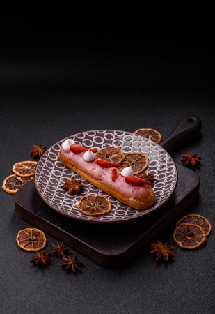French food, dessert eclair with chocolate filling and covered with colored icing. Sweet eclair as a...