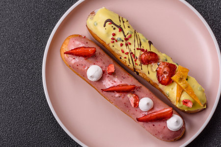 French food, dessert eclair with chocolate filling and covered with colored icing. Sweet eclair as a background for your designの写真素材