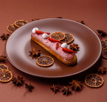 French dessert eclair with chocolate filling and covered with colored icing. Sweet eclair as a background for your designの写真素材