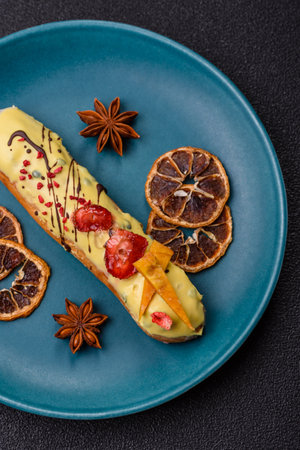 French food, dessert eclair with chocolate filling and covered with colored icing. Sweet eclair as a...