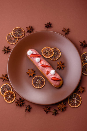 French food, dessert eclair with chocolate filling and covered with colored icing. Sweet eclair as a background for your designの写真素材