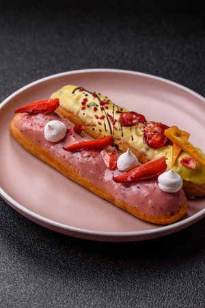 French food, dessert eclair with chocolate filling and covered with colored icing. Sweet eclair as a...