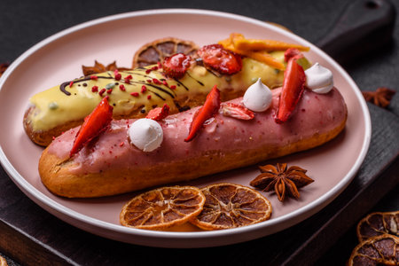 French food, dessert eclair with chocolate filling and covered with colored icing. Sweet eclair as a...