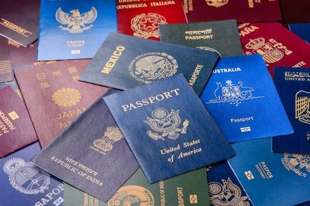 Passports of citizens of different countries of the world, background consisting of passports of several countries.の写真素材