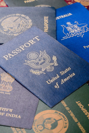 Passports of citizens of different countries of the world, background consisting of passports of several countries.の写真素材