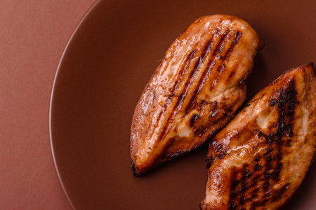 Chicken breast, grilled fillet, meat meal on a plate. Useful grilled poultry for lunchの写真素材