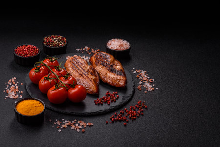 Chicken breast, grilled fillet, meat meal on a plate. Useful grilled poultry for lunchの写真素材