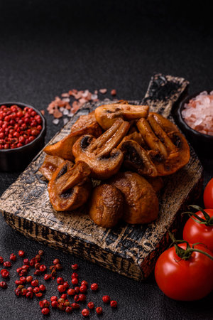 Food, baked mushrooms champignon slices with sauce and spices. Background of grilled mushroomsの写真素材