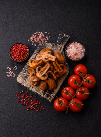 Food, baked mushrooms champignon slices with sauce and spices. Background of grilled mushroomsの写真素材