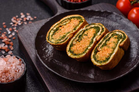 Roll of omelette, spinach, cheese and minced meat. Roll with eggs and spinachの写真素材