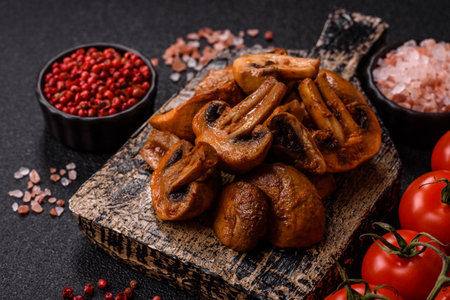 Food, baked mushrooms champignon slices with sauce and spices. Background of grilled mushroomsの写真素材