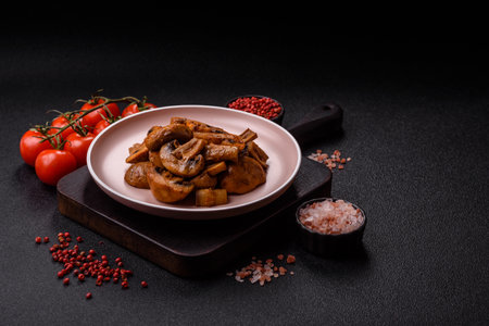 Food, baked mushrooms champignon slices with sauce and spices. Background of grilled mushroomsの写真素材