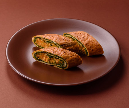 Roll of omelette, spinach, cheese and minced meat. Roll with eggs and spinachの写真素材