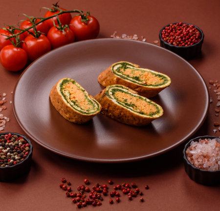 Roll of omelette, spinach, cheese and minced meat. Roll with eggs and spinachの写真素材