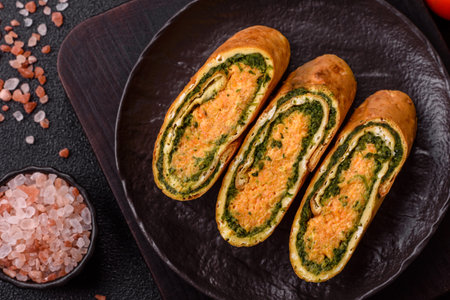Roll of omelette, spinach, cheese and minced meat. Roll with eggs and spinach
