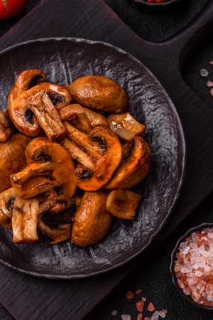 Food, baked mushrooms champignon slices with sauce and spices. Background of grilled mushroomsの写真素材