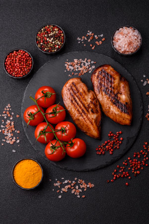 Chicken breast, grilled fillet, meat meal on a plate. Useful grilled poultry for lunchの写真素材