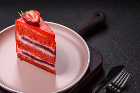 A piece of red velvet cake as a food background. Sweet pastries for birthday celebrations, weddingsの写真素材