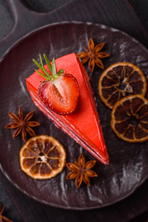 A piece of red velvet cake as a food background. Sweet pastries for birthday celebrations, weddingsの写真素材