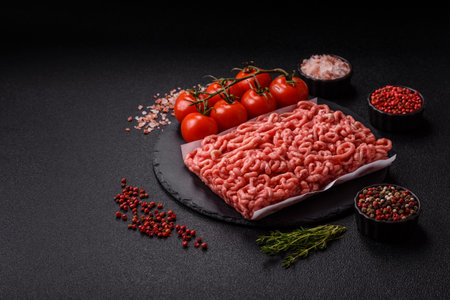 Raw ground beef or pork as an ingredient for burgers. Raw minced meat for cooking at home
