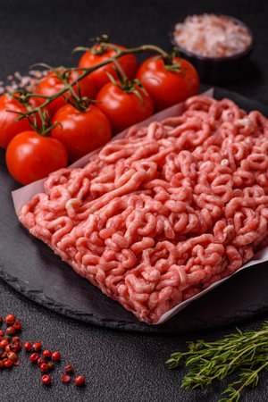 Raw ground beef or pork as an ingredient for burgers. Raw minced meat for cooking at home