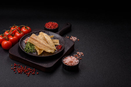 Dried salted fish, snacks or jerky, slices of white fish fillets. Jerks, party