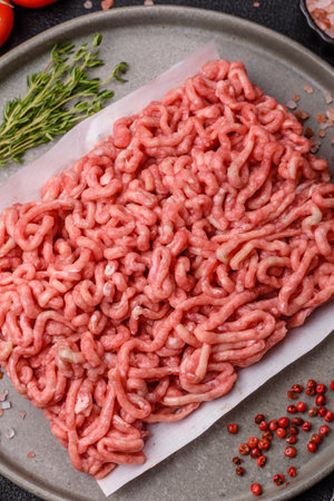 Raw ground beef or pork as an ingredient for burgers. Raw minced meat for cooking at home