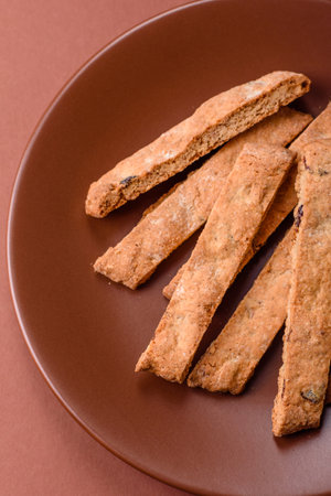 Biscotti or cantuccini biscuits, a crispy sweet Italian pastry. Biscotti dessert with almond and cranberryの写真素材