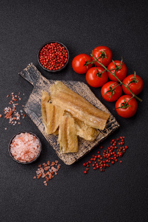 Dried salted fish, snacks or jerky, slices of white fish fillets. Jerks, party