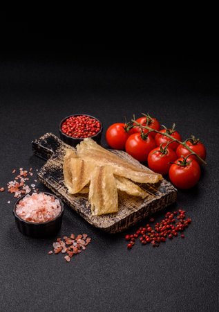 Dried salted fish, snacks or jerky, slices of white fish fillets. Jerks, party