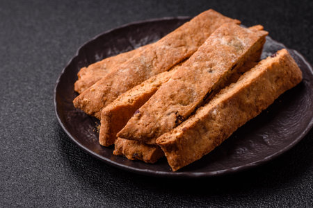 Biscotti or cantuccini biscuits, a crispy sweet Italian pastry. Biscotti dessert with almond and...