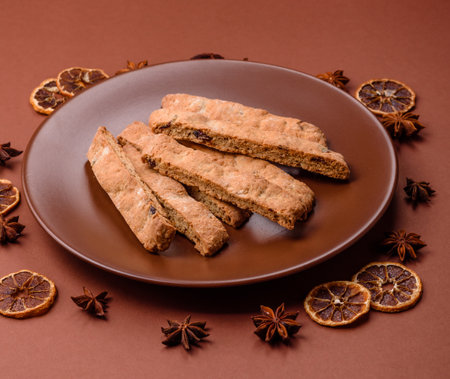 Biscotti or cantuccini biscuits, a crispy sweet Italian pastry. Biscotti dessert with almond and cranberryの写真素材