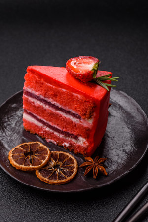 A piece of red velvet cake as a food background. Sweet pastries for birthday celebrations, weddingsの写真素材
