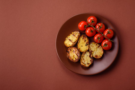 Food, potatoes cut in halves or slices grilled. Cooked baked potatoes with salt and spicesの写真素材