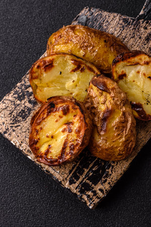 Food, potatoes cut in halves or slices grilled. Cooked baked potatoes with salt and spicesの写真素材