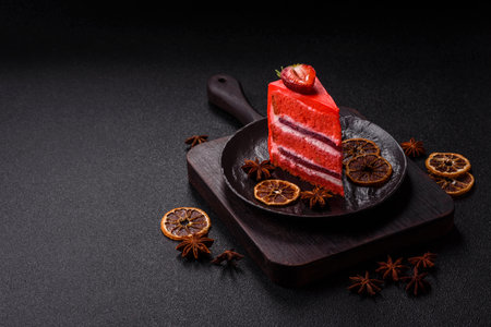 A piece of red velvet cake as a food background. Sweet pastries for birthday celebrations, weddingsの写真素材