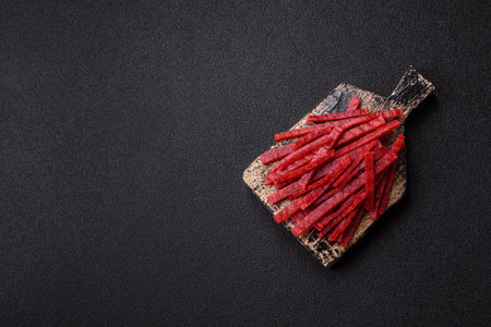 Jerky or dried chicken and cherry snacks. Dehydrated, dried snacks