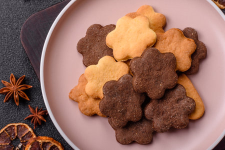 Sweet crispy biscuit with cocoa flavor, baking at home. Biscuit as a dessert for the dinner table