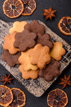 Sweet crispy biscuit with cocoa flavor, baking at home. Biscuit as a dessert for the dinner table