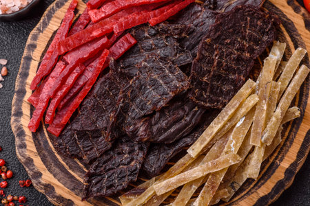 A set of jerky or snacks of beef, chicken and fish with salt and spices. Dried beer snacksの写真素材