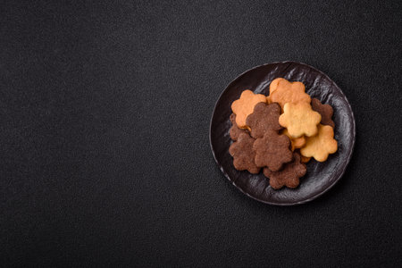 Sweet crispy biscuit with cocoa flavor, baking at home. Biscuit as a dessert for the dinner tableの写真素材