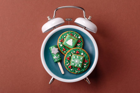 Christmas, eclair on a plate on a vintage clock. Christmas time conceptual background, festive...