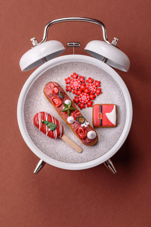 Christmas, eclair on a plate on a vintage clock. Christmas time conceptual background, festive sweets and pastriesの写真素材