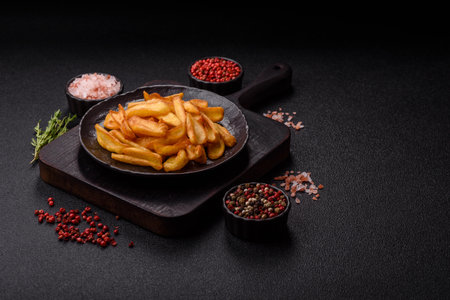Fried crispy French fries with salt, spices, food for lunch. Fast food, takeaway